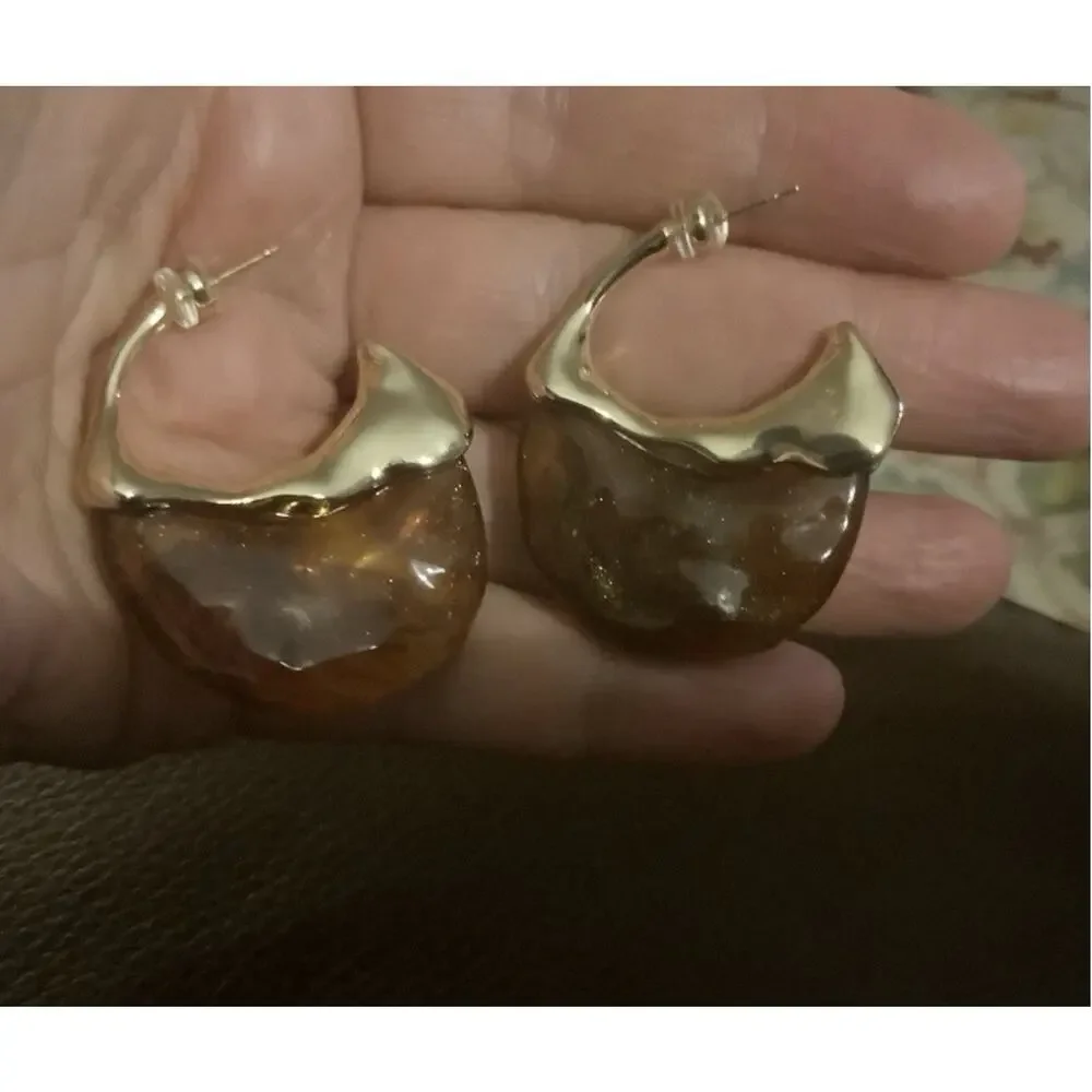 Amber Hoop Gold Molten Sculptural Stud Statement Boho Retro Solanales Retro VTG